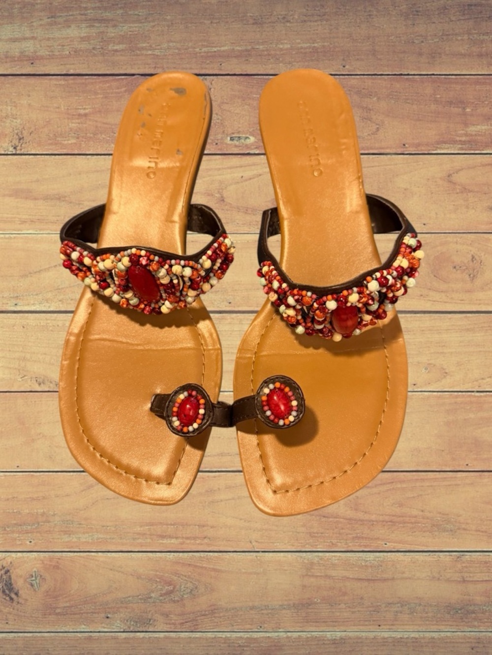 Ann Marino~Embellished Red Bead Toe-Loop boho sandals